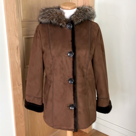 Vintage Tower by London Fog Brown Faux Suede Faux Fur Hooded Coat, Size S - Picture 1 of 16